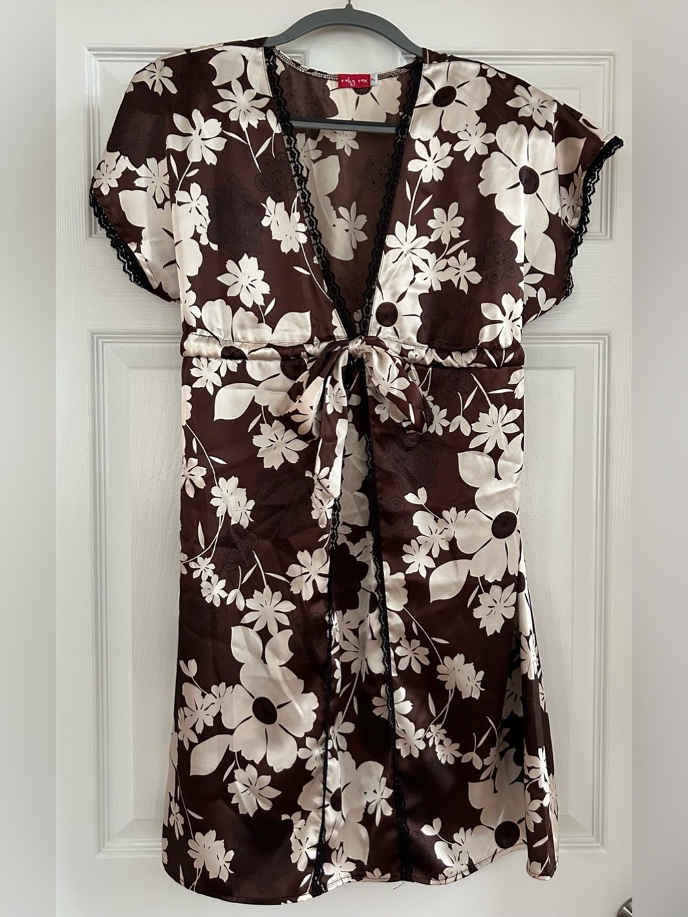 Ruby Rox Brown Satin Floral Tie-Front Midi Dress